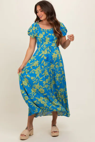 PinkBlush Blue Floral Off Shoulder Puff Sleeve Maternity Midi Dress