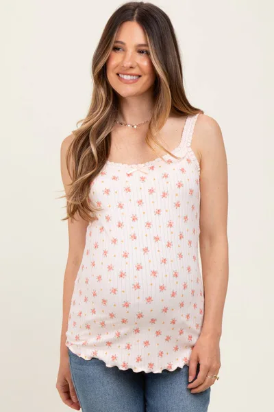 PinkBlush Peach Ditsy Floral Lace-Trim Maternity Tank Top