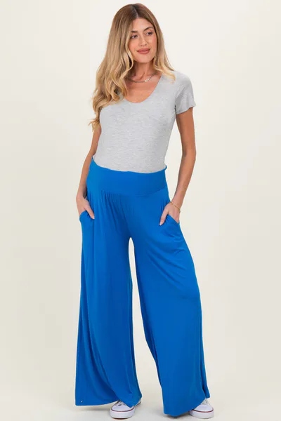 PinkBlush Blue Smocked Waist Wide Leg Maternity Pants