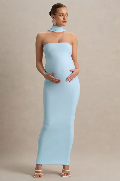 Club L London Glaze | Powder Blue High-Neck Maternity Maxi Dress