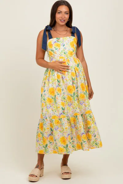 PinkBlush Yellow Floral Contrast Shoulder Tie Maternity Midi Dress