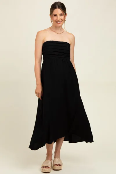 PinkBlush Black Pleated Bodice Strapless Maternity Midi Dress
