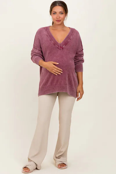 PinkBlush Burgundy Vintage Wash Oversized V-Neck Maternity Sweater