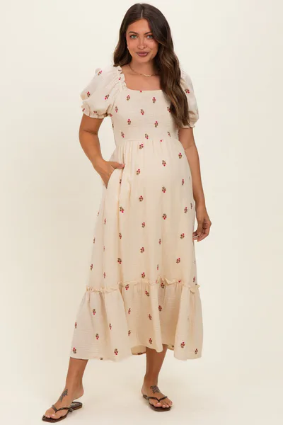 PinkBlush Cream Embroidered Smocked Maternity Midi Dress