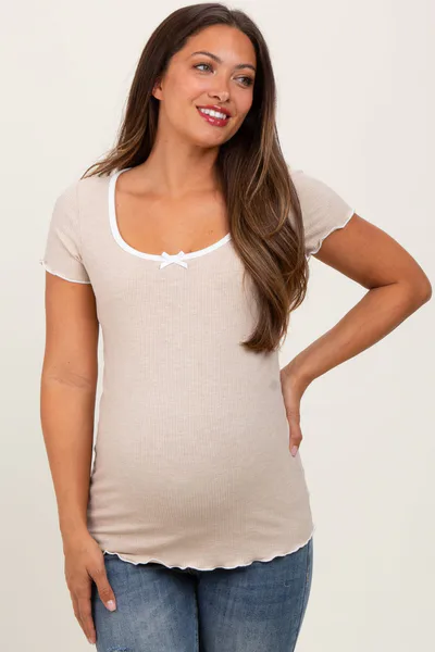 PinkBlush Beige Ribbed Short Sleeve Maternity Top