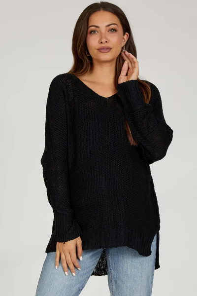 PinkBlush Black Chunky Knit Side Slit Maternity Sweater