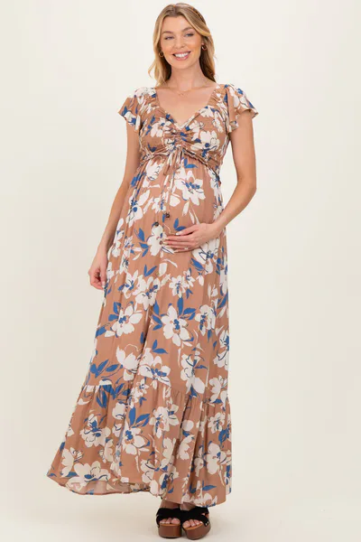 PinkBlush Mocha Floral Cinched Smocked Maternity Maxi Dress