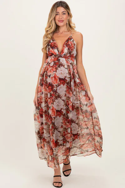 PinkBlush Burgundy Floral Deep V-Neck Open Back Maternity Maxi Dress