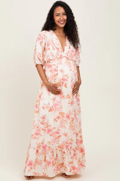 PinkBlush Pink Floral Printed Elbow Sleeve V-Neck Tiered Maternity Maxi Dress