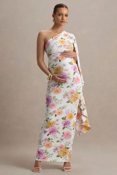 Club L London Aliana | Peach And Lilac Floral Print Asymmetric Maternity Maxi Dress With Ruched Detailing