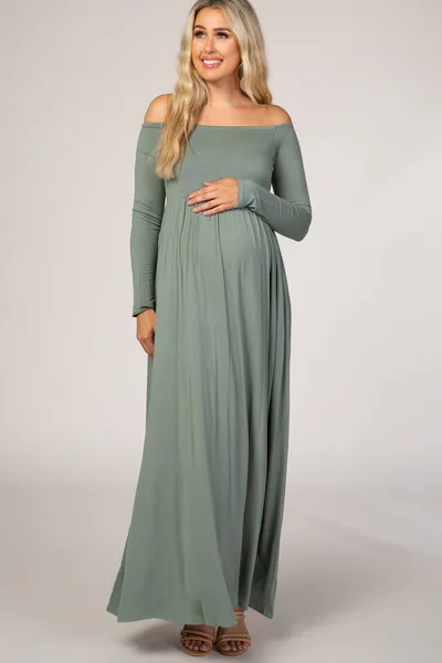 PinkBlush Sage Off Shoulder Long Sleeve Maternity Maxi Dress