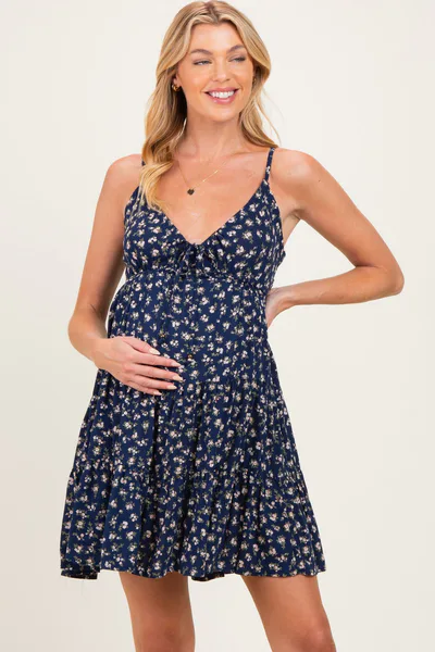 PinkBlush Navy Floral Front Tie Maternity Mini Dress