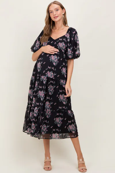 PinkBlush Black Floral Striped Puff Sleeve Maternity Midi Dress