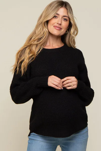 PinkBlush Black Waffle Knit Round Hem Maternity Sweater
