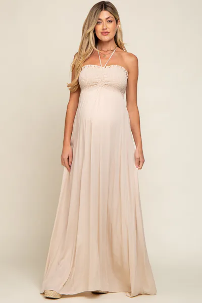 PinkBlush Beige Smocked Halter Maternity Maxi Dress