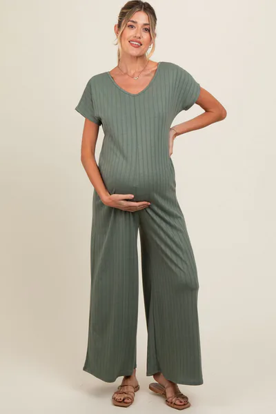 PinkBlush Olive Ribbed Wide Leg Maternity Jumpsuit