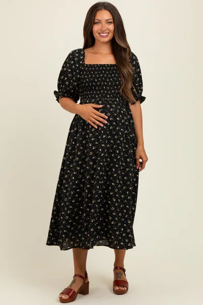 PinkBlush Black Floral Smocked Puff Sleeve Maternity Midi Dress