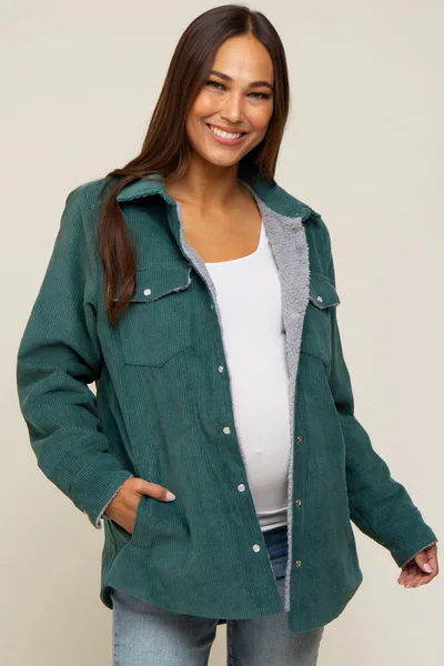 PinkBlush Forest Green Corduroy Sherpa Lined Maternity Shacket