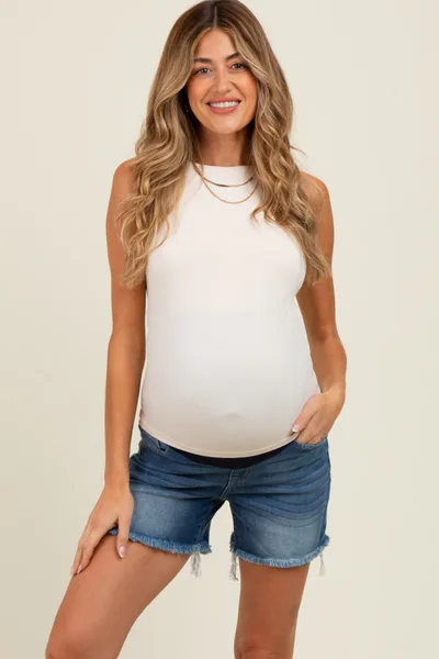 PinkBlush Blue Raw Frayed Hem Maternity Denim Shorts