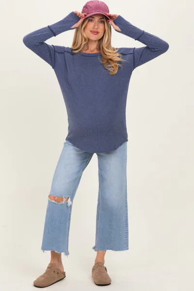 PinkBlush Blue High Rise Uneven Raw Hem Crop Wide Maternity Jeans