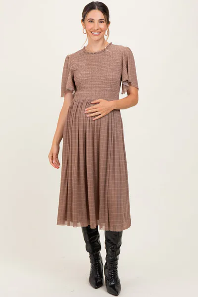 PinkBlush Beige Plaid Smocked Mesh Maternity Midi Dress