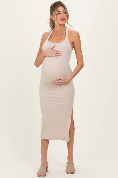 PinkBlush Beige Open Back Maternity Bodycon Dress
