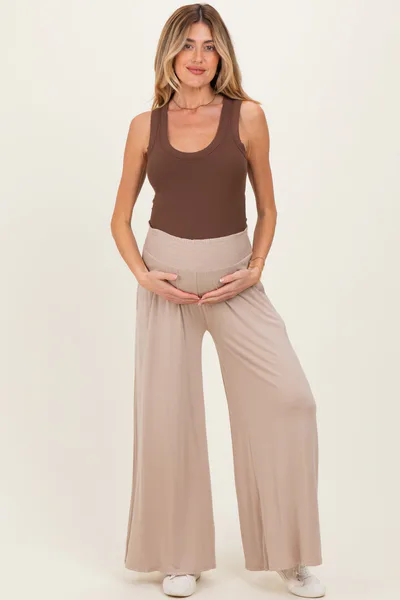 PinkBlush Ash Mocha Smocked Waist Wide Leg Maternity Pants