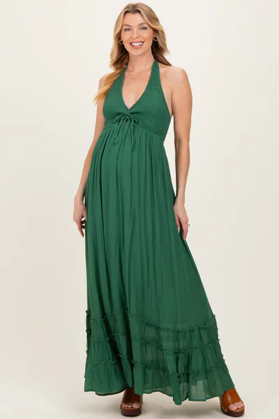 PinkBlush Hunter Green Halter Neck Smocked Maternity Maxi Dress