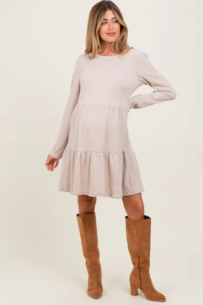 PinkBlush Beige Textured Rib Tiered Long Sleeve Maternity Dress