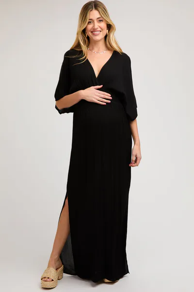 PinkBlush Black Lightweight Deep V-Neck Maternity Maxi Dress