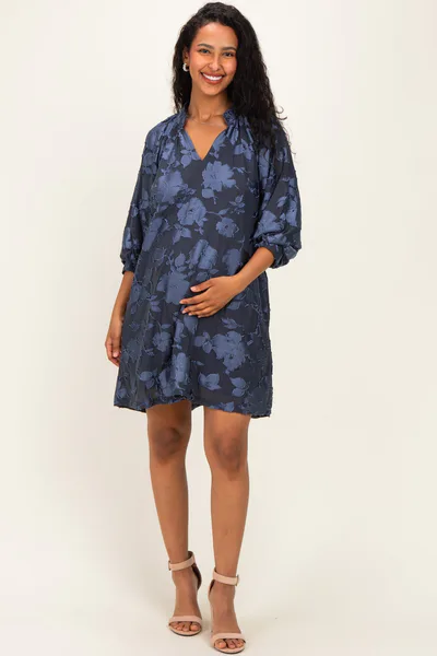 PinkBlush Navy Blue Floral Velvet Maternity Dress