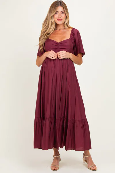 PinkBlush Burgundy Flutter Sleeve Ruffle Hem Maternity Midi Dress