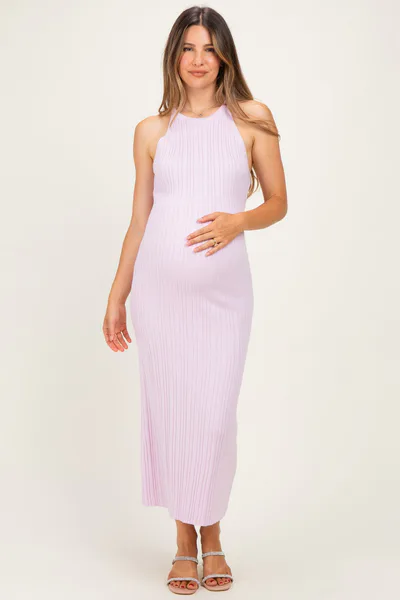 PinkBlush Light Pink Halter Ribbed Knit Maternity Maxi Dress