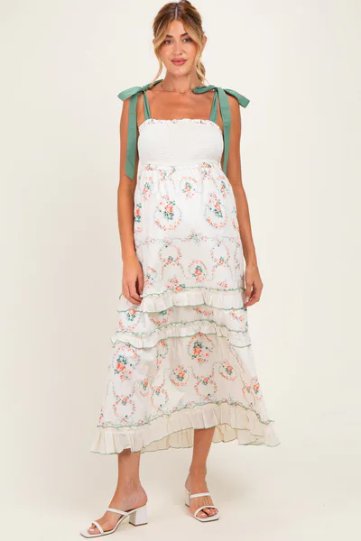 PinkBlush Ivory Floral Smocked Shoulder Tie Tiered Maternity Maxi Dress