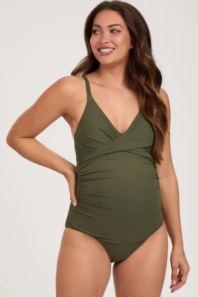 PinkBlush Olive Ribbed V-Neck Ruched Back Cut-Out One Piece Maternity Swimsuit