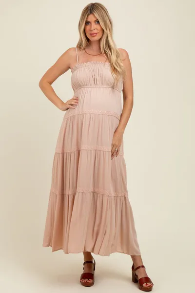 PinkBlush Cream Lace Tiered Sleeveless Maternity Maxi Dress