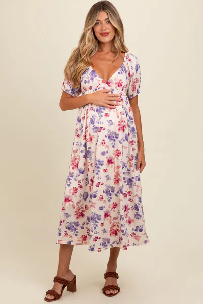 PinkBlush Ivory Floral V-Neck Maternity Midi Dress