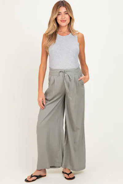 PinkBlush Dried Basil Linen Wide Leg Maternity Pants