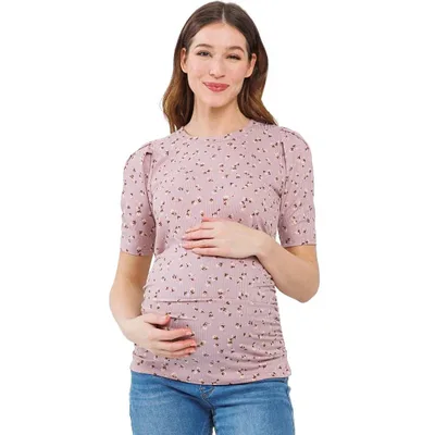 Target Hello Miz Women's Ribbed Puff Sleeve Side Ruched Maternity Top - Mauve Floral - X Large