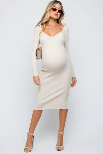 PinkBlush Cream Ribbed Long Sleeve Maternity Midi Dress