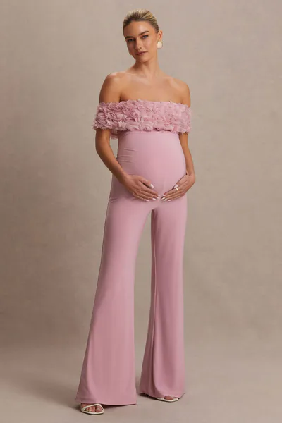 Club L London Sallow | Pink Floral Bardot Maternity Jumpsuit
