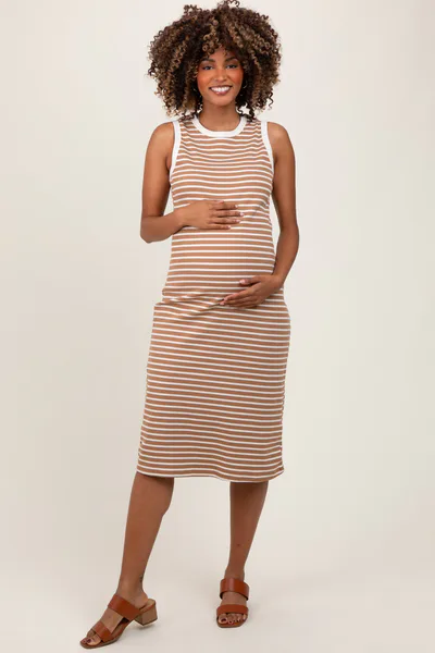 PinkBlush Mocha Striped Ribbed Knit Sleeveless Maternity Midi Dress
