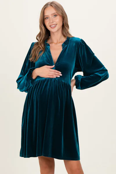 PinkBlush Deep Teal Velvet Button Up V-Neck Maternity Dress