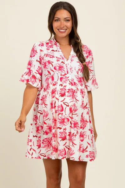 PinkBlush Red Floral V-Neck Crochet Trim Maternity Dress