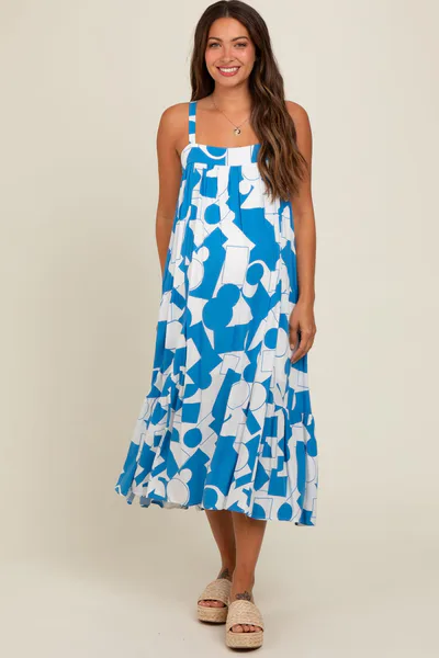 PinkBlush Blue Geometric Print Maternity Midi Dress