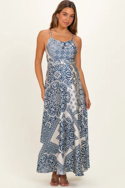 PinkBlush Navy Satin Floral Crossback Maternity Maxi Dress