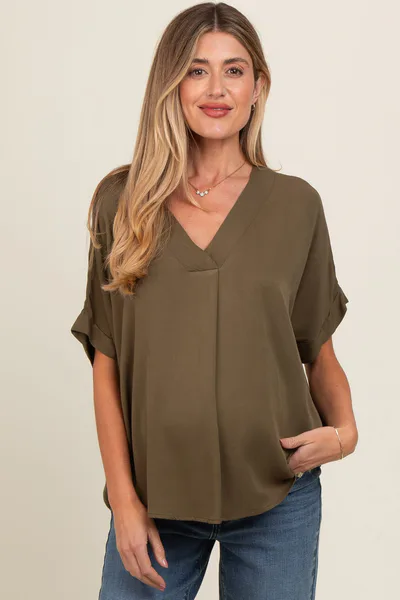 PinkBlush Olive V-Neck Pin-Tuck Detail Maternity Top