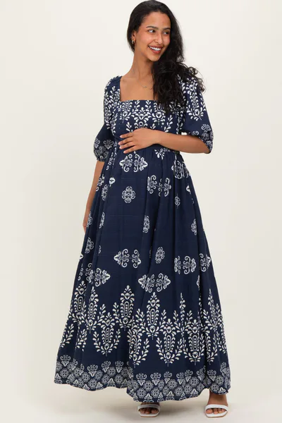 PinkBlush Navy Damask Print Short Sleeve Maternity Maxi Dress