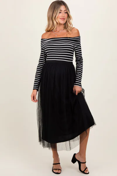 PinkBlush Black Striped Off Shoulder Contrast Knit Mesh Maternity Maxi Dress