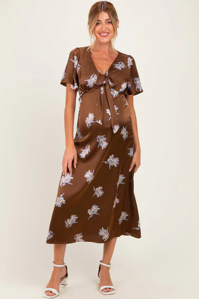 PinkBlush Brown Satin Floral Flutter Sleeve Maternity Midi Dress